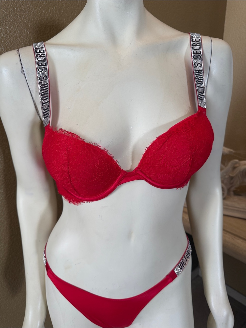 Victoria's Secret Red Lace Push-Up Bra with Jeweled Straps